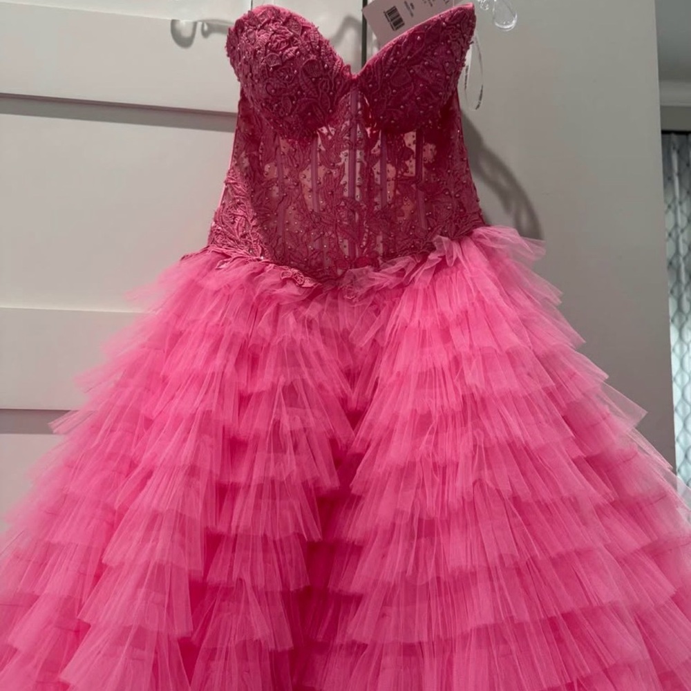 Sherri Hill Hot Pink Beaded Corset Tulle Gown